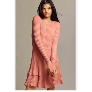 Anthropologie Somerset Mini Sweater Dress Pink Rose Ribbed Knit Tiered Ruffle‎ M